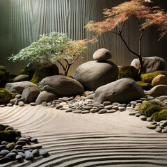 fondo con detalle y textura de pequeño jardin zen, con arena, piedras y pequeña vegetación