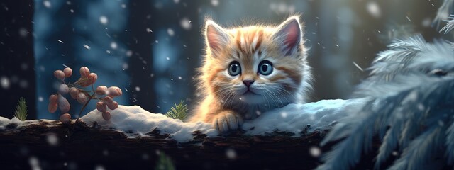Cute funny fluffy kitten sitting walking on snowy winter  forest on background. Animal shelter and pet shop concept. Design with cat for poster, banner, card, calendar with copy space - obrazy, fototapety, plakaty