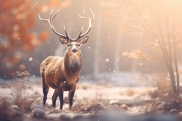 Red deer stag in the winter forest. Noble deer male. Banner with beautiful animal and magic lights. Wildlife scene from the wild nature snowy landscape. Wallpaper, Christmas background