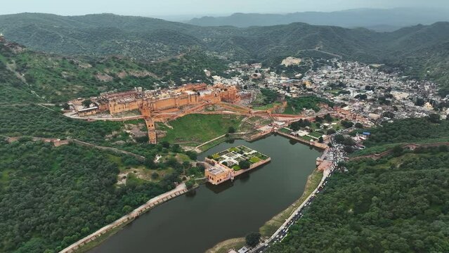 Aerial view of Amer Fort. Amber Fort or Amer Fort in Jaipur, India. Mughal architecture medieval fort made of yellow sandstone. Architecture of India. Jaipur, Rajasthan, India.