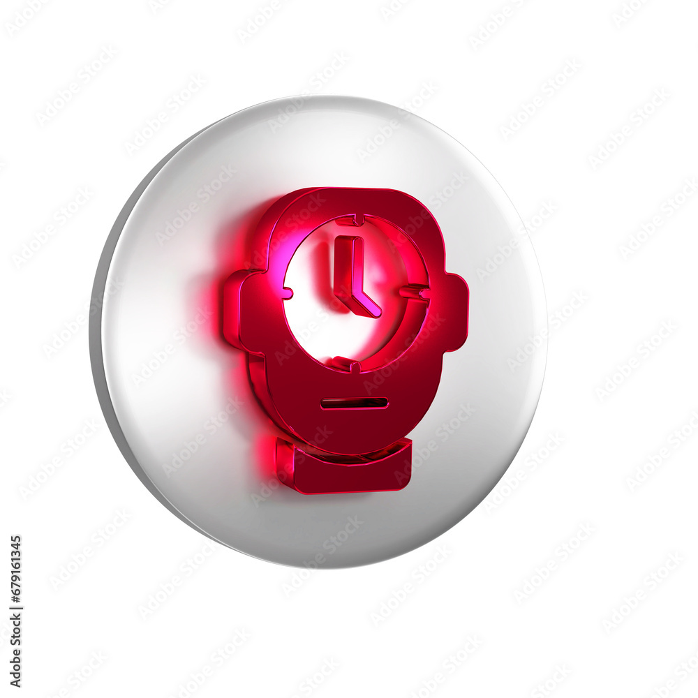 Sticker Red Clock icon isolated on transparent background. Time symbol. Silver circle button.