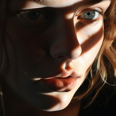 Fotografia de primer plano de rostro femenino con juego de luces y sombras - obrazy, fototapety, plakaty