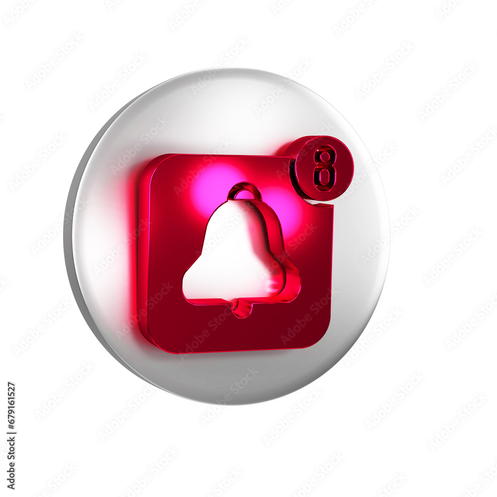 Poster red alarm clock app smartphone interface icon isolated on transparent background. silver circle butt