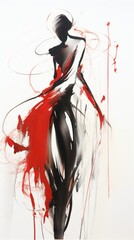 vertical abstract painting of a woman, light brush strokes, red and black lines, lightness. on a white background