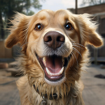 Fotografia con detalle de alegre perro con pelaje de tonos marrones