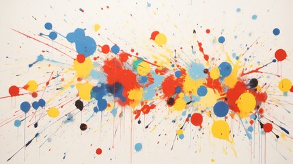 A chaotic arrangement of vibrant, splattered spots in primary colors--red, blue, and yellow--on a white canvas, evoking the energy of artistic experimentation.