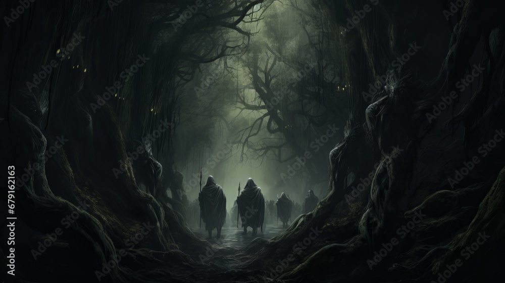 Poster a perilous journey through a dark and twisted forest, where a group of adventurers faces mythical cr