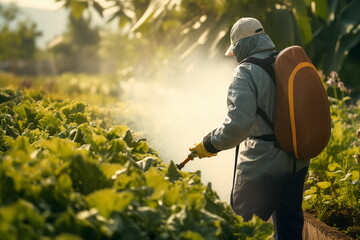 farmer spray pesticide on agriculture field