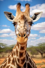 Naklejka premium A close-up of a curious giraffe, with its long neck and soulful eyes gazing into the distance, representing curiosity and wonder.