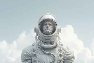 The character in an astronaut suit is portrayed in soft pastel gray tones, their form merging seamlessly with a minimalist pastel white expanse.