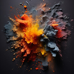 Fotografia con detalle de explosion de polvo de colores diferentes sobre fondo neutro - obrazy, fototapety, plakaty