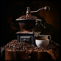 Fotografia con detalle y molinillo antiguo de café, con multitud de granos de cafe tostado y tazas de ceramica