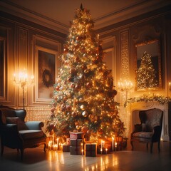 christmas tree in front of fireplace Generative Ai
