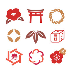 正月のイラストと和のあしらいのセット