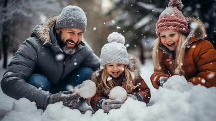 Happy father and daughter playing snowballs in winter park - obrazy, fototapety, plakaty