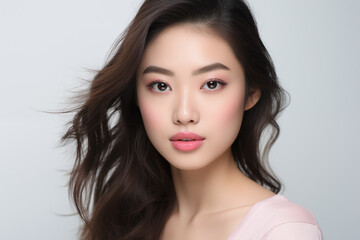 Beautiful young asian woman with pastel pink lips and long hair. Portrait on the white background - obrazy, fototapety, plakaty