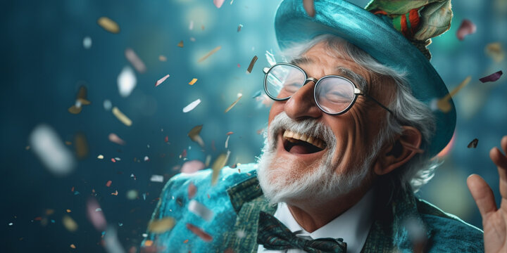 Happy laughing senior man grandad grandfather grandpa with glasses and falling confetti on teal blue background. Modern old guy with smile celebrating at party.