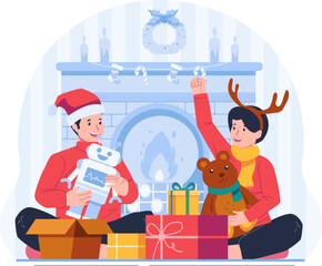 Kids Opening Christmas Gifts Near a Warm Cozy Fireplace. Merry Christmas and Happy New Year Concept Illustration