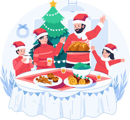 Happy Family Enjoying Christmas Dinner Together at Home. Parents and Children in Santa Hats Sitting Around the Table With Christmas Food