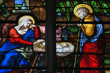 Stained glass with a scene of the birth of Jesus Christ