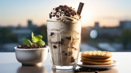 Coffee mocha milkshake with cookies and cream Ice cream and chocolate cookies make a sweet latte cocktail. Vanilla ice cream and spoon on gray concrete table - obrazy, fototapety, plakaty