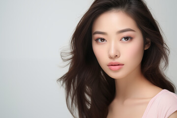 Young asian woman with pastel pink lips and long hair. On the white background with copy space