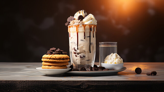 Coffee mocha milkshake with cookies and cream Ice cream and chocolate cookies make a sweet latte cocktail. Vanilla ice cream and spoon on gray concrete table