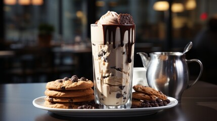 Coffee mocha milkshake with cookies and cream Ice cream and chocolate cookies make a sweet latte...