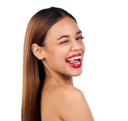 Obraz premium Wink, makeup and portrait of woman with lipstick on isolated, png or transparent background. Aesthetic, luxury salon and face of person with red lips, gloss and cosmetics for glamour, glow and beauty