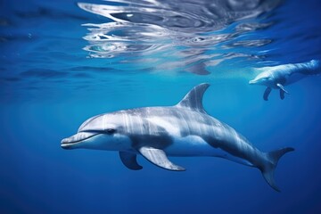 Fototapeta premium underwater view of mother dolphin and calf swimming