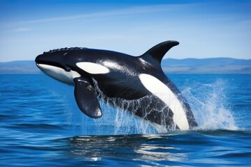 a breaching killer whale in cold, blue ocean