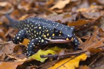 salamander creeping across a wintry leaf-litter terrain