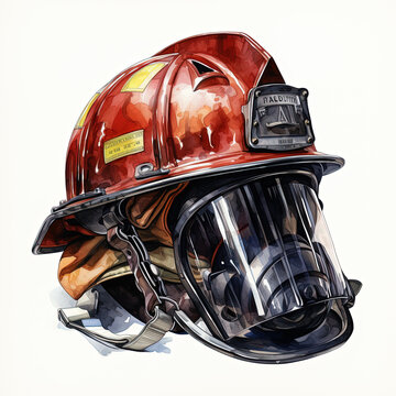 Watercolor Firefighter Helmet Art Illustration, Generative Ai