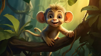 Meubelstickers cute cartoon monkey on the tree smiling © Aksana