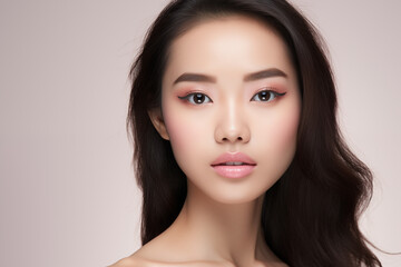 Beautiful asian woman with pastel pink lips and long hair. Close up portrait on the pink background - obrazy, fototapety, plakaty