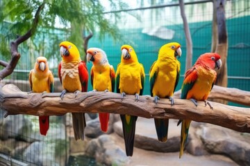 colorful parrots perched on wooden branches in an aviary - obrazy, fototapety, plakaty