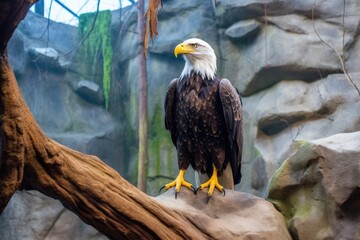 a bald eagle perched on a tall faux cliff inside the aviary - obrazy, fototapety, plakaty