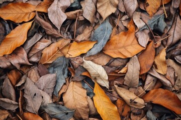 close-up of dried fallen leaves on a forest floor