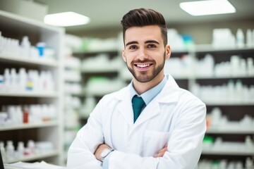 Young Caucasian pharmacist stands in medical robe smiling in pharmacy shop full of medicines. Smiling mature pharmacist in bathrobe over classic suit stands in pharmacy