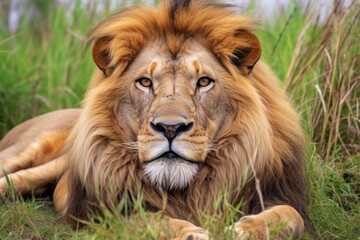 adult lion lying on grassy savannah