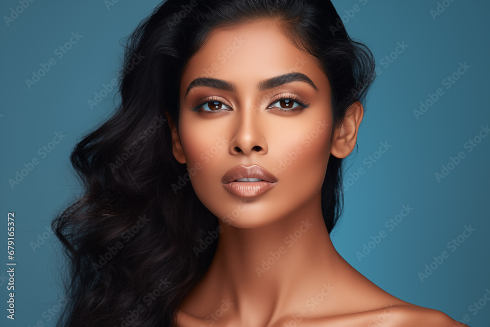 Canvas Prints Beautiful Indian woman with brown lips and brown eye shadow. Close up portrait on blue background