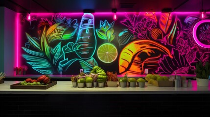 A neon-lit veggie wrap on a modern wall, the vibrant lights emphasizing the freshness of plant-based ingredients.