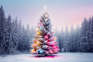 Colorful decorated christmas tree in the middle on snowy forest. One single shiny xmas tree in winter landscape.