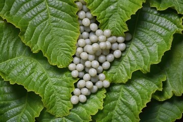a close-up of silkworm eggs on mulberry leaves
