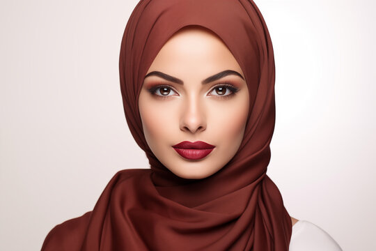 Beautiful Arab woman with brown lips wears hijab. Close up portrait on the light background