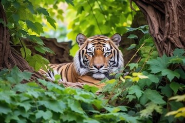tiger lounging in thick green foliage
