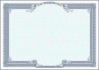 Horizontal form for creating certificates, diplomas, bills and other securities. Classic design in blue.