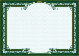 Horizontal form for creating certificates, diplomas, bills and other securities. Classic design in green.