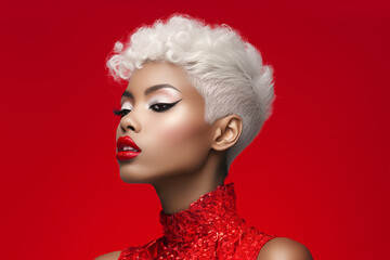 A beautiful African American woman with an extreme short platinum haircut with red lips and make up - obrazy, fototapety, plakaty