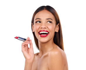 Isolated woman, red lipstick or beauty for thinking, smile or application by transparent png...